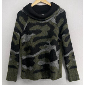 AQUA Sweater Women L Wool Blend Camo Jumper Cowl Neck Long Sleeve Pullover Green